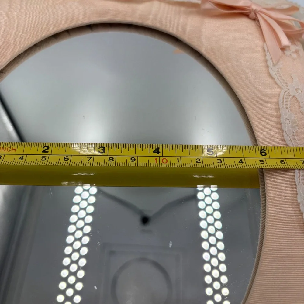 Vintage 80s Shabby Chic Peach Moire Silk Lace Ruffle Tabletop Frame Mirror